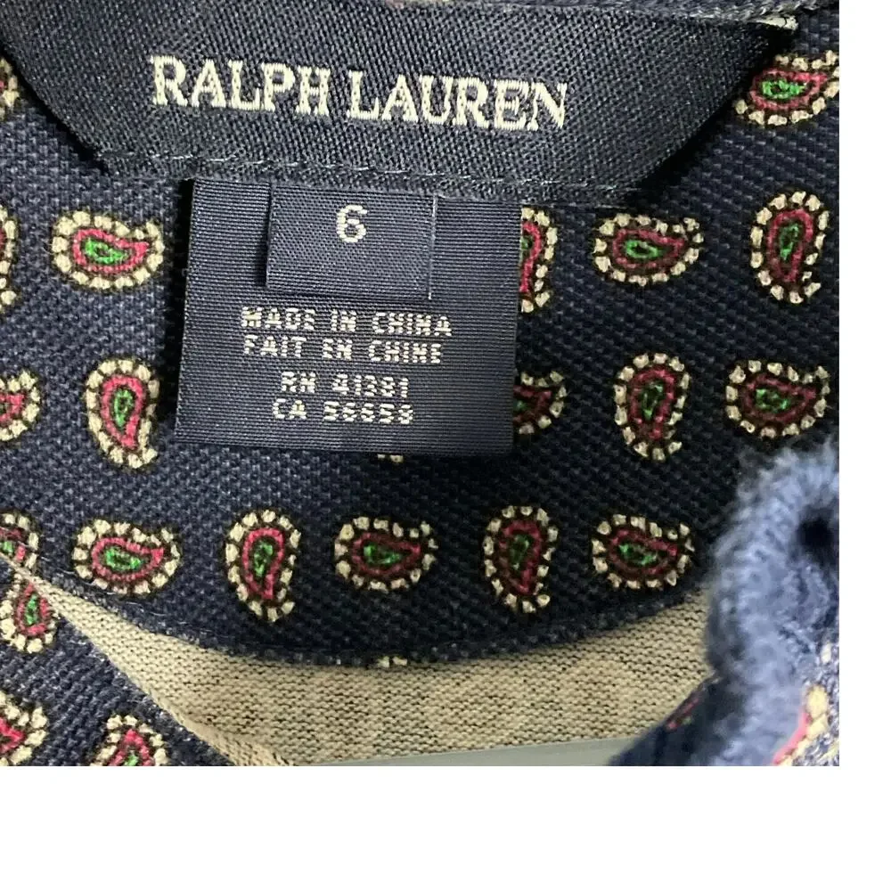RALPH LAUREN Girls Dress Navy Blue Pink Paisley Ruffle Pony Logo Puff Sleeve 6
